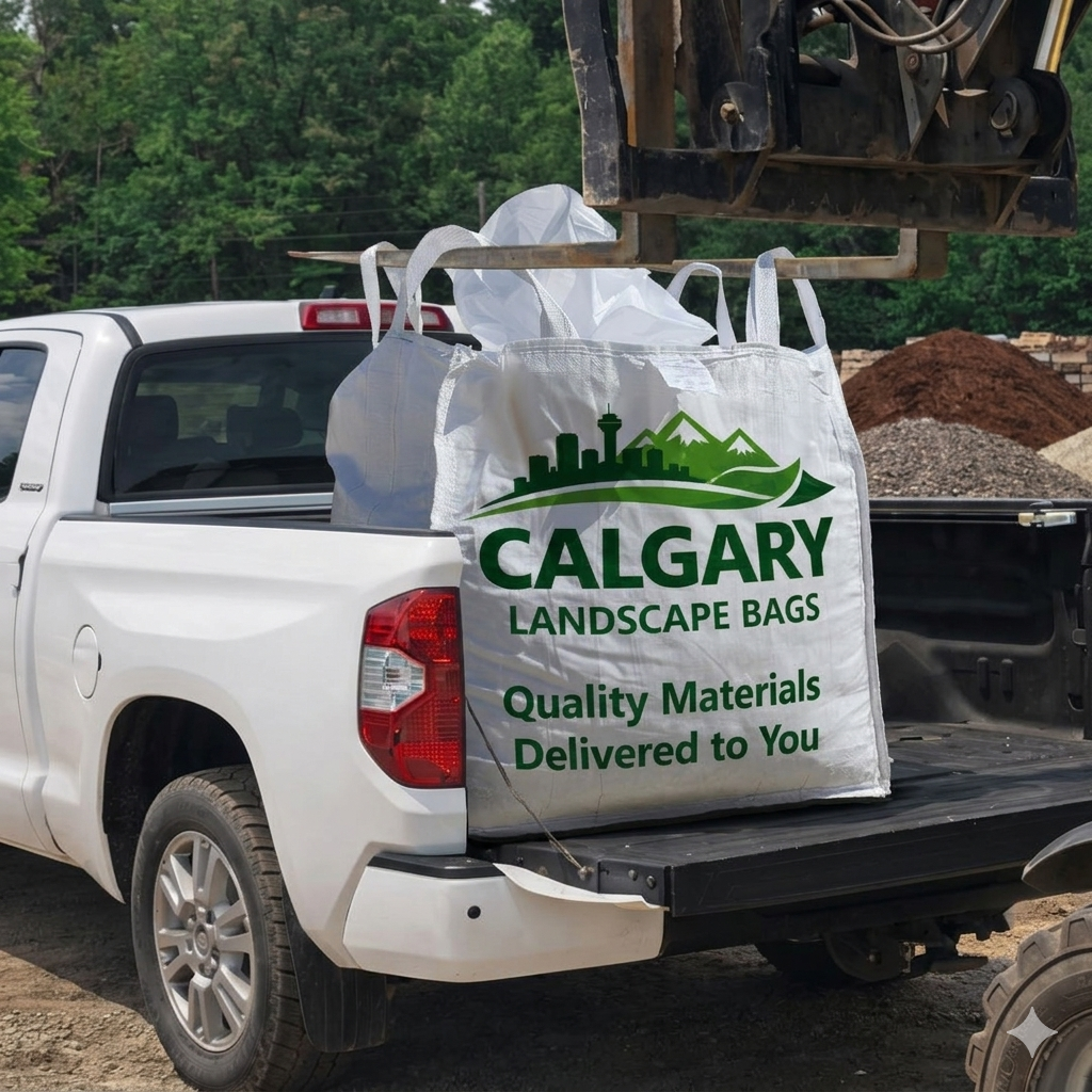 Decorative rock, gravel, and sand bulk landscape bags for residential landscaping projects in Calgary