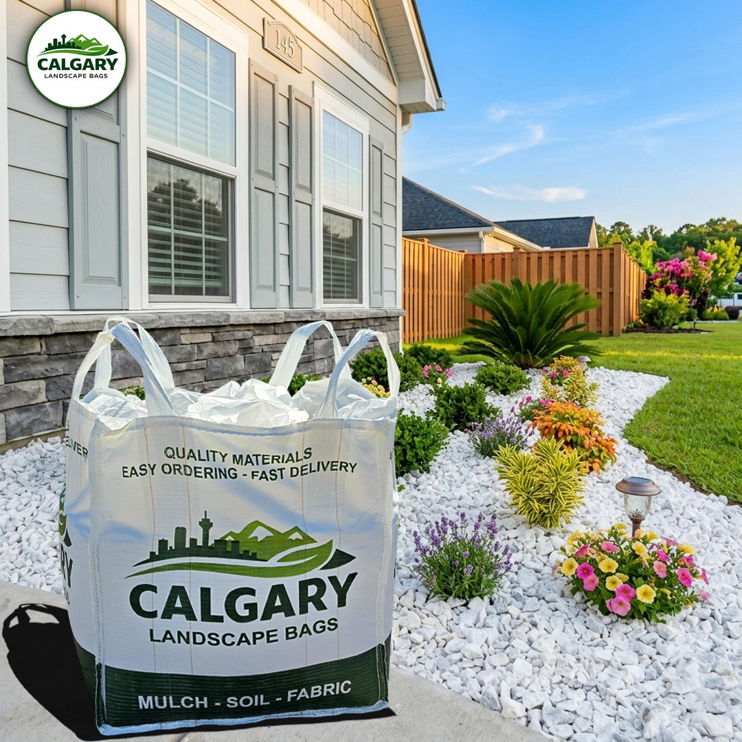 White decorative landscape rock and Calgary Landscape Bags bulk bag in a residential garden